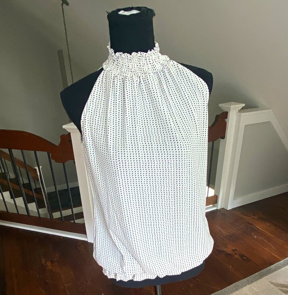 Women’s White/Black Polka Dot Halter Blouse S Mock Neck Keyhole Button Ruffle